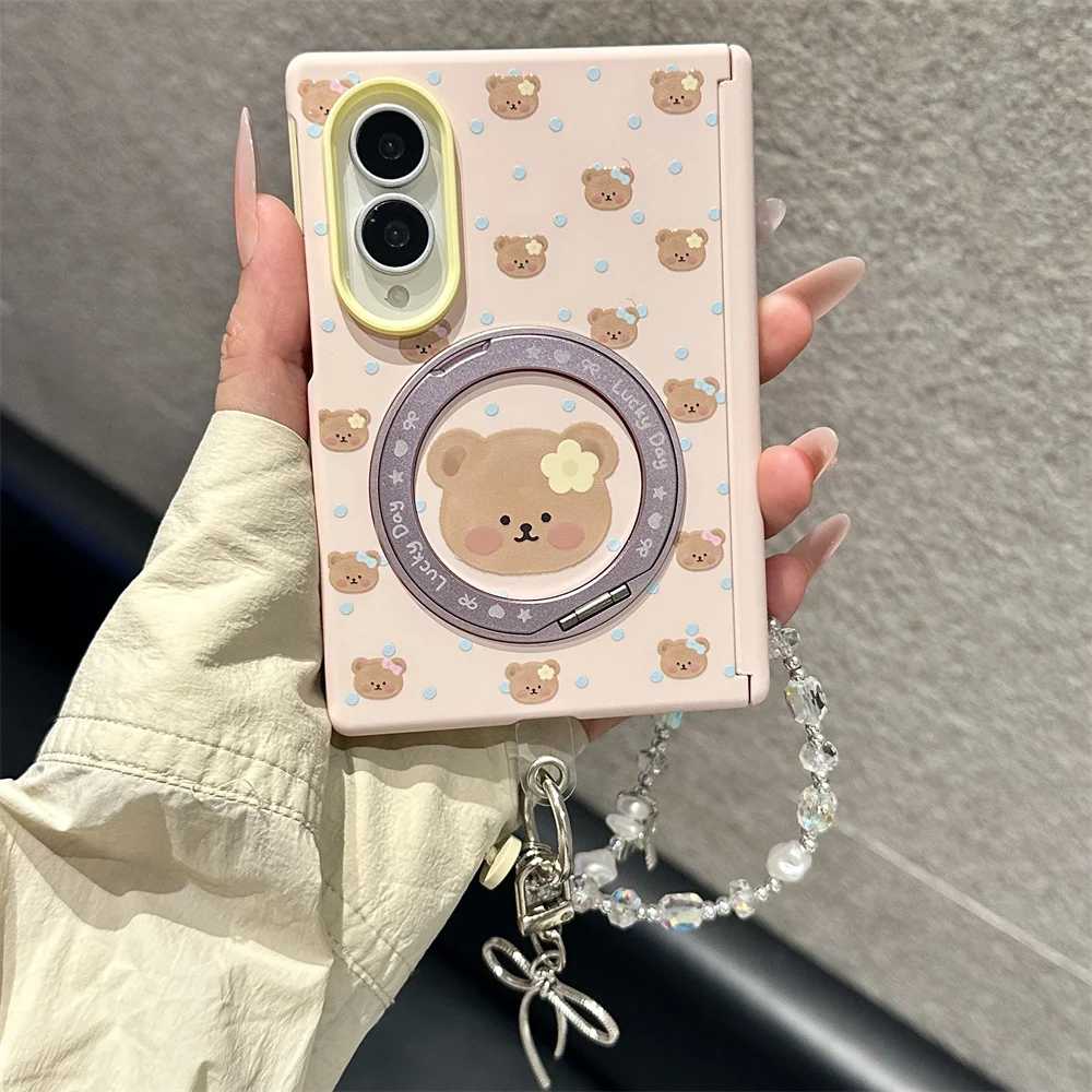 Kawaii Cartoon Bear Pattern Phone Case For Samsung Galaxy Z Fold 8 Rotating Ring Holder Beaded Chain Hard Foldable Phone Cover