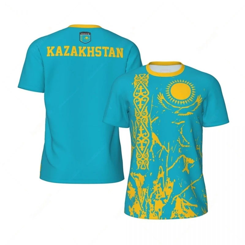 Kasachstan-Flagge, grafisches Herren-Fußballtrikot, modisches nationales Emblem, 3D-gedrucktes Sport-T-Shirt, lässig, übergroße, atmungsaktive T-Shirts