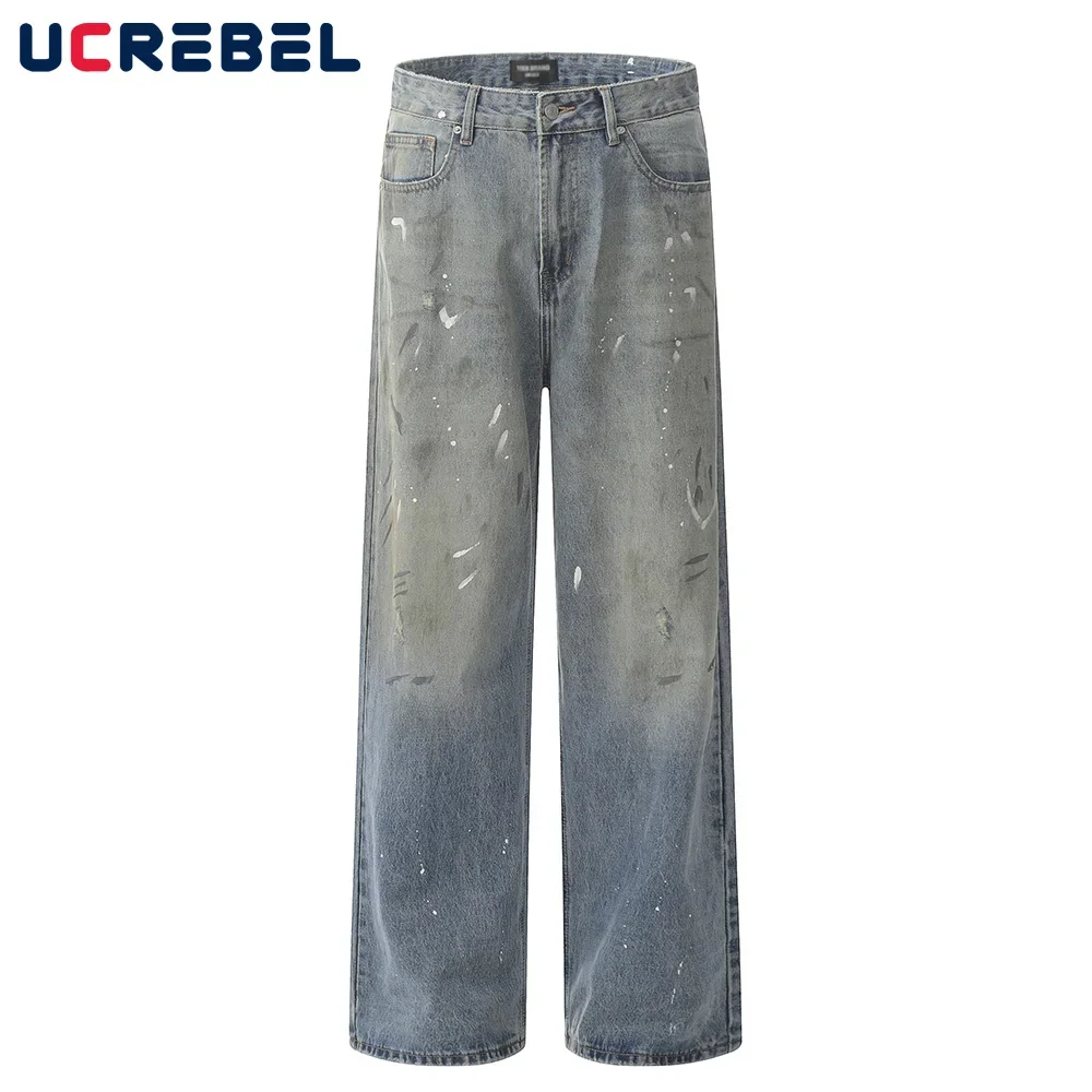 

Splash Ink Dirty Color Jeans Mens High Street Washed Distressed Straight Wide Leg Loose Denim Pants Men Trousers