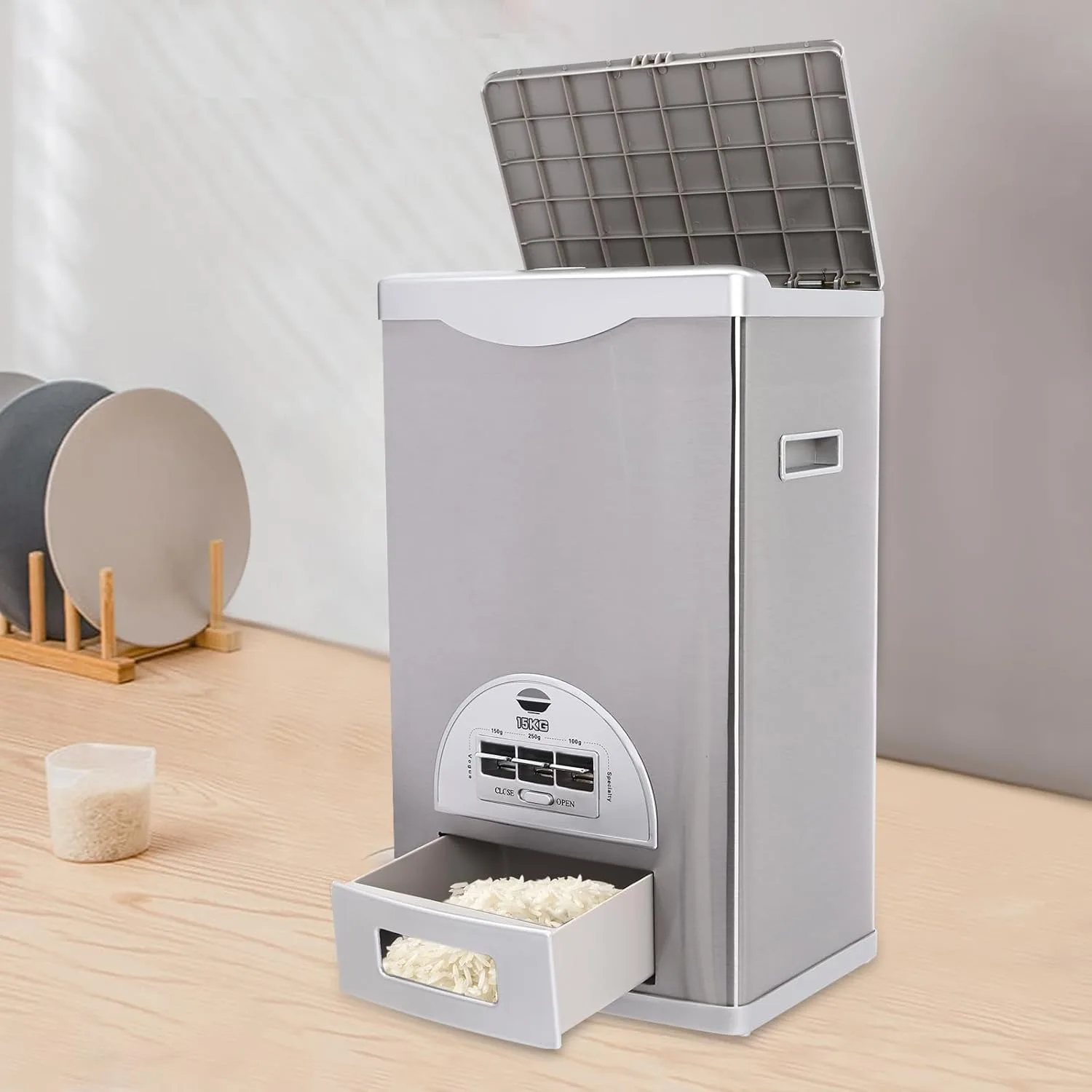 

Rectangular Rice Dispenser, Rice Storage Container, Stainless Steel Rice Container 15kg/33 Lbs Capacity for Homes, Restaurants, Silver
