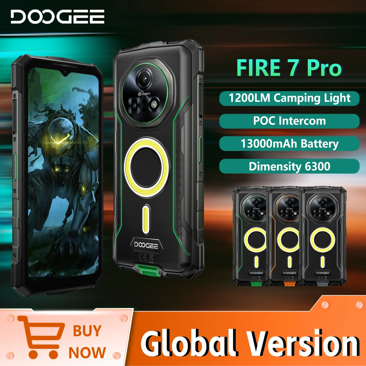 DOOGEE Fire 7 Pro 5G Rugged Phone Dimensity 6300 32GB RAM 256GB ROM 64MP 6.6” HD+ 90Hz 13000mAh Android 15 Camping lights