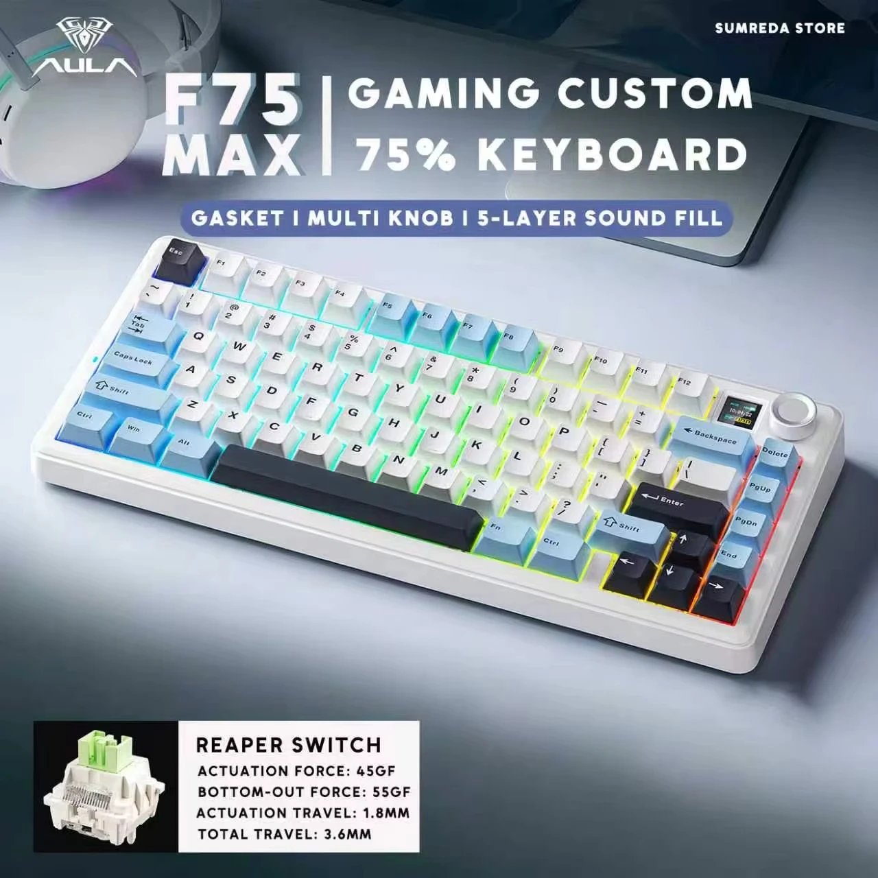 AULA F75 F75 MAX S75 Pro Gaming Wireless Mechanical Keyboard Bluetooth 2.4G Wired RGB Customized 75% Hotswap Gamer keyboard