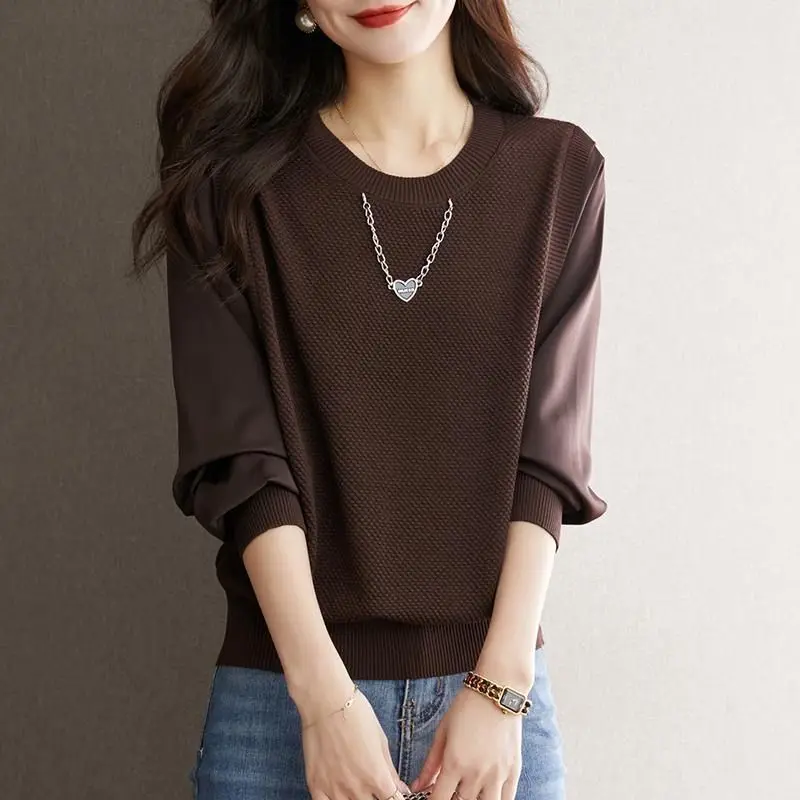 Women's Clothing Fake Two Pieces Blouse Spring Autumn New Screw Thread Casual Loose Stylish Chain O-Neck Patchwork Knitted Shirt