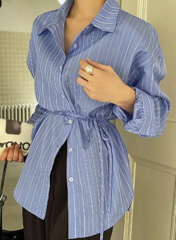 

Autumn Lace Up Striped Printed 2025 Women's Shirt, Elegant, Casual, Fashionable, Commuting Style Long Sleeved Shirt for Women