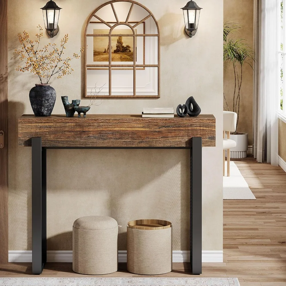 41 طاولة كونسول صغيرة، طاولة مدخل خشبية مع مساحة تخزين، طاولة أريكة صناعية ضيقة مع أرجل معدنية شبكية #5
