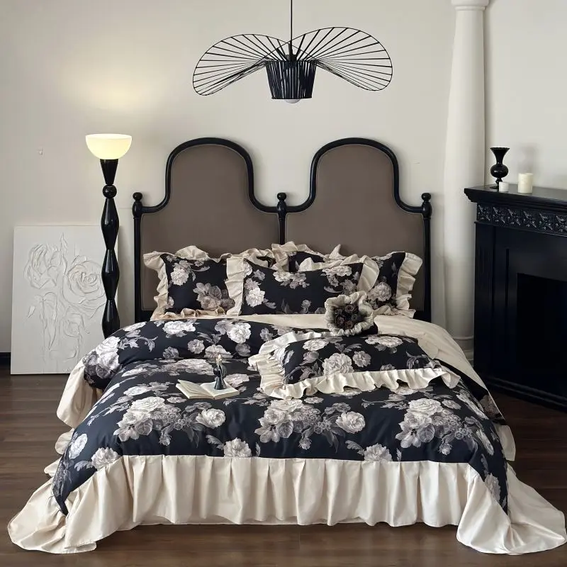 

Retro Flowers Printing Bedding Set Luxury European Egyptian Cotton Ruffles Duvet Cover Bed Sheet Pillowcases Home Textile