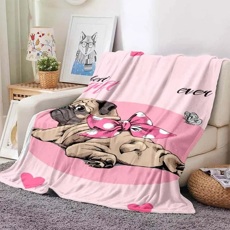 Cute Pug Blanket Animal Bedding Flannel Blanket Soft and Comfortable Plush Blanket for Sofa Bed Outdoor Travel Birthday Gift