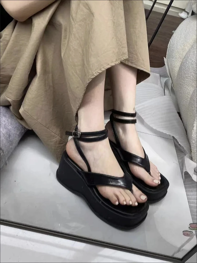 

Black Sexy Platform Elevation Fashion Sandal Women 2024 Summer Outside Wear Lace Sandal Female Korea Style Lace-up Fairy Sandals