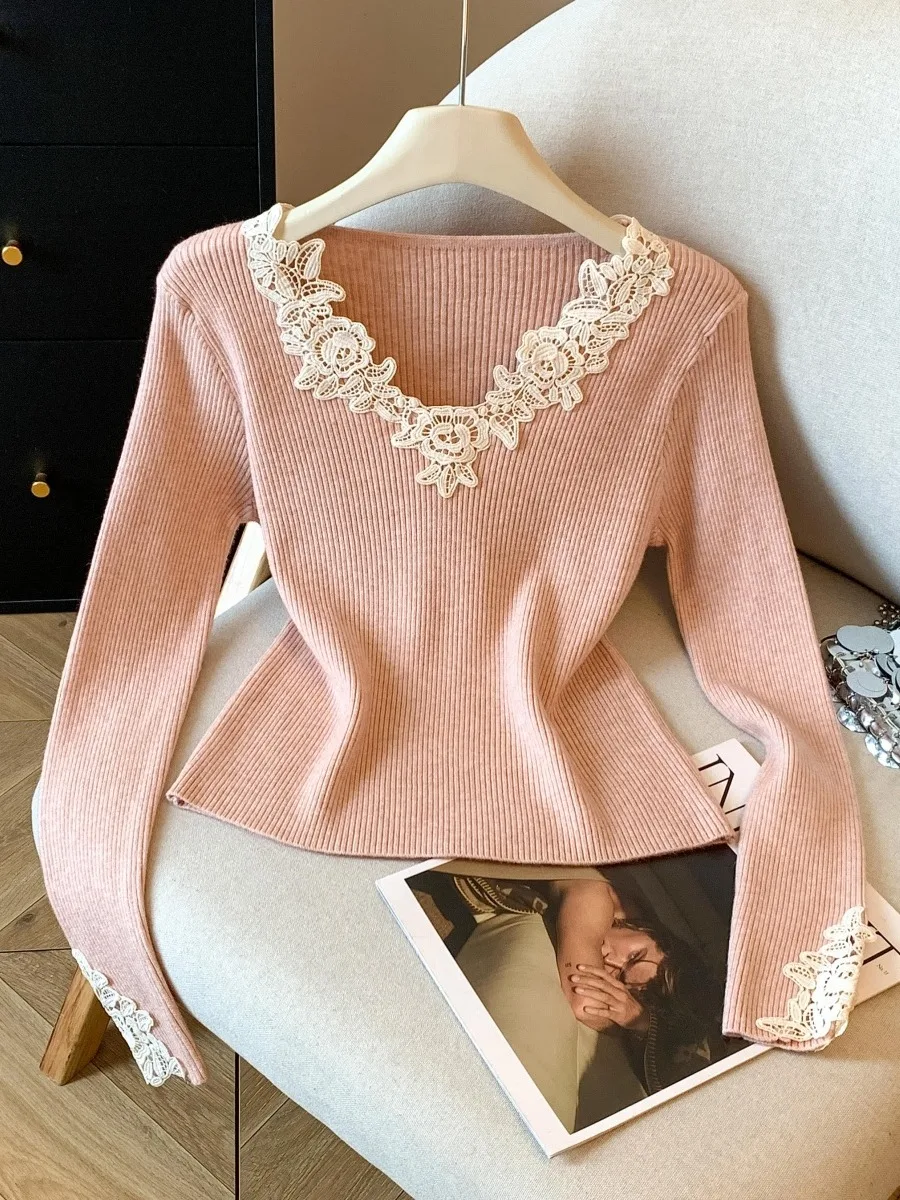 الحلو Sle الدانتيل هوك محبوك V-ne أعلى المرأة سليم صالح طويل Sve تريكو الخريف الشتاء Faion Ci المشي قاعدة irt