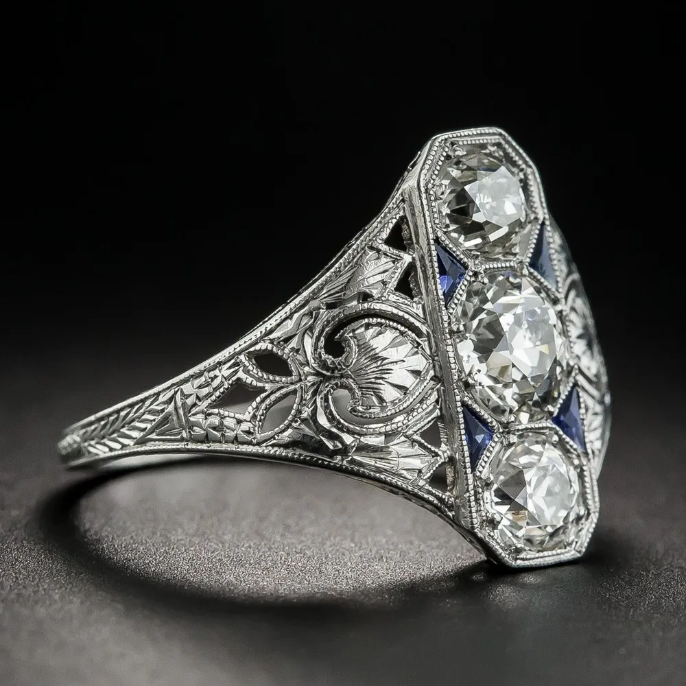 S925 Sterling Silver Ring Triangular Three Zircon Blue Gemstone Hot Selling Women Jewelry