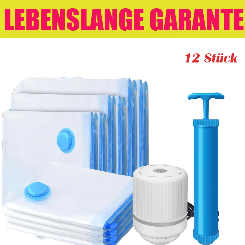 12 Stück Vakuumbeutel für Kleidung Bettdecken Bettwäsche, Vakuum Aufbewahrungsbeutel Groß, Mittel und Klein, Kompressionsbeutel mit Pumpe