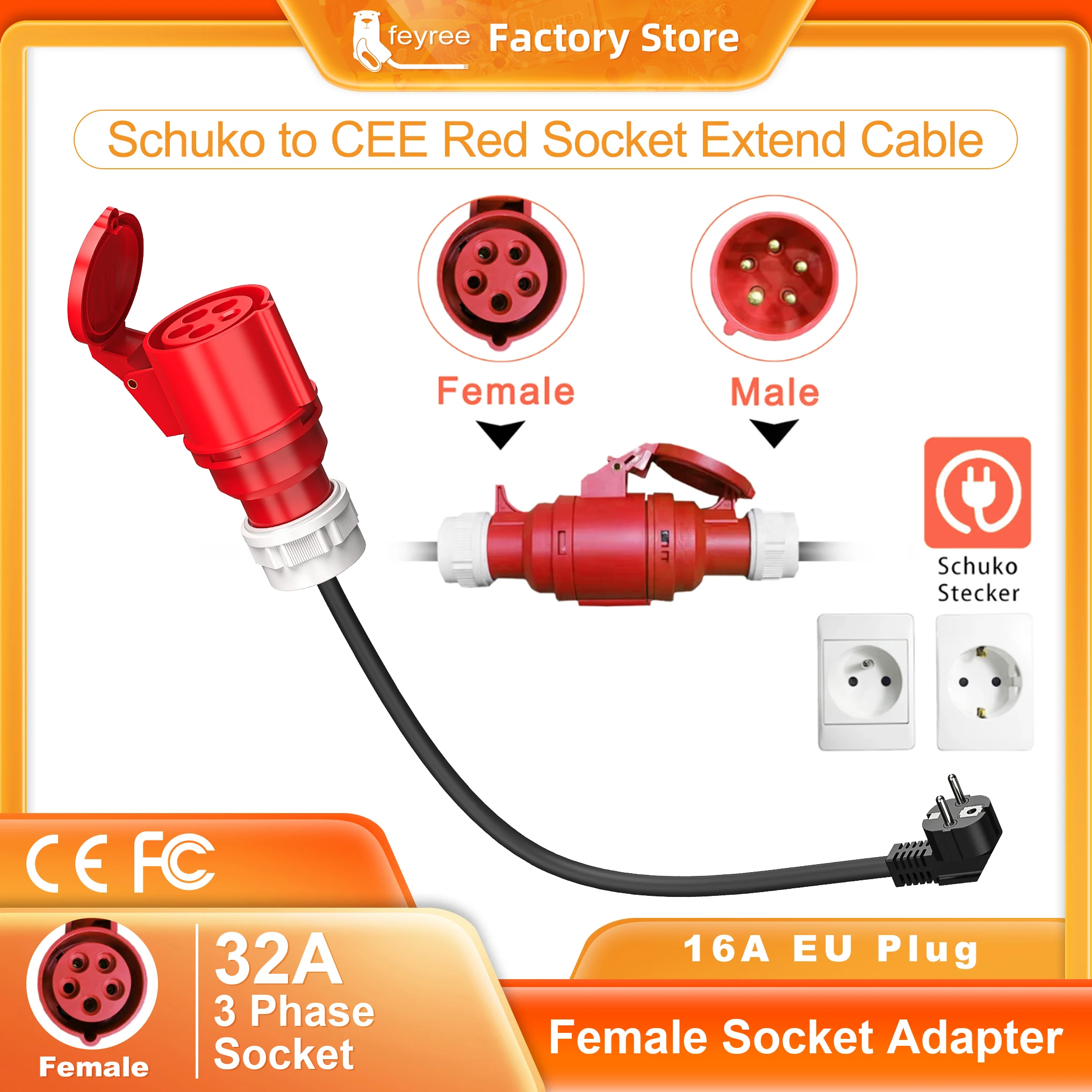 Feyree elektrikli araç şarjı Schuko fişi CEE kırmızı güç dişi fiş 5 pinli soket adaptörü 32A 3 fazlı 22KW taşınabilir şarj cihazı ile bağlayın