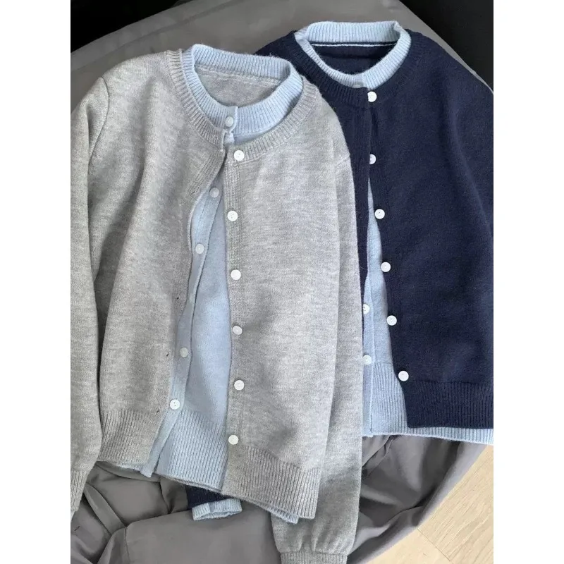 

Korean Chic Splicing Contrasting Color Fake Two-piece Gray Knitted Cardigan Jacket Women's Autumn Sweater Top