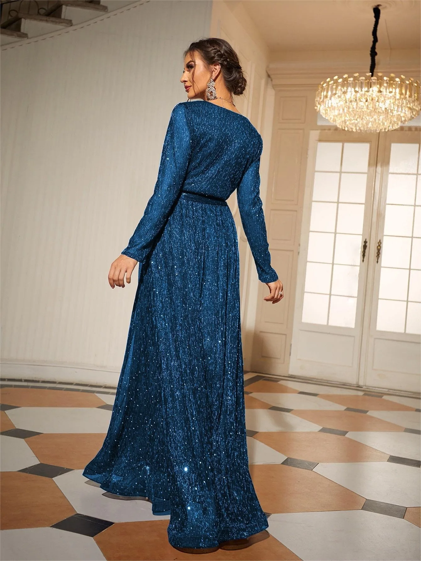 A Line Prom Dresses Long Sleeves Vestidos De Gala Sexy V Neck Party Dress 2024 Glittery Tulle Vestidos Para Eventos Especiales