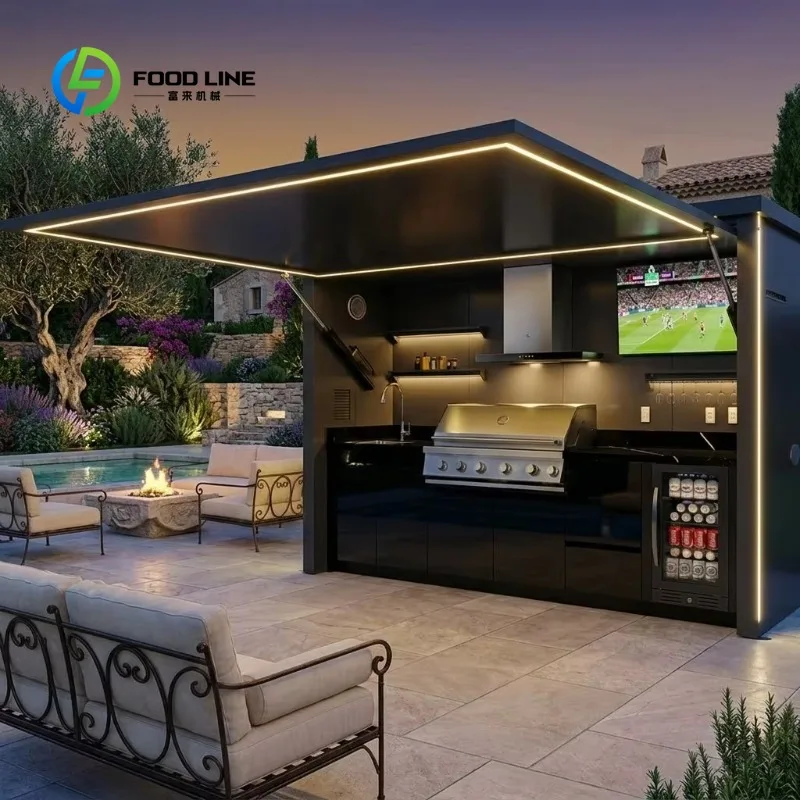Customized High End Remote Control Outdoor Kitchen with Roof Stainless Steel Outdoor Kitchen Cabinets Modular BBQ Pod