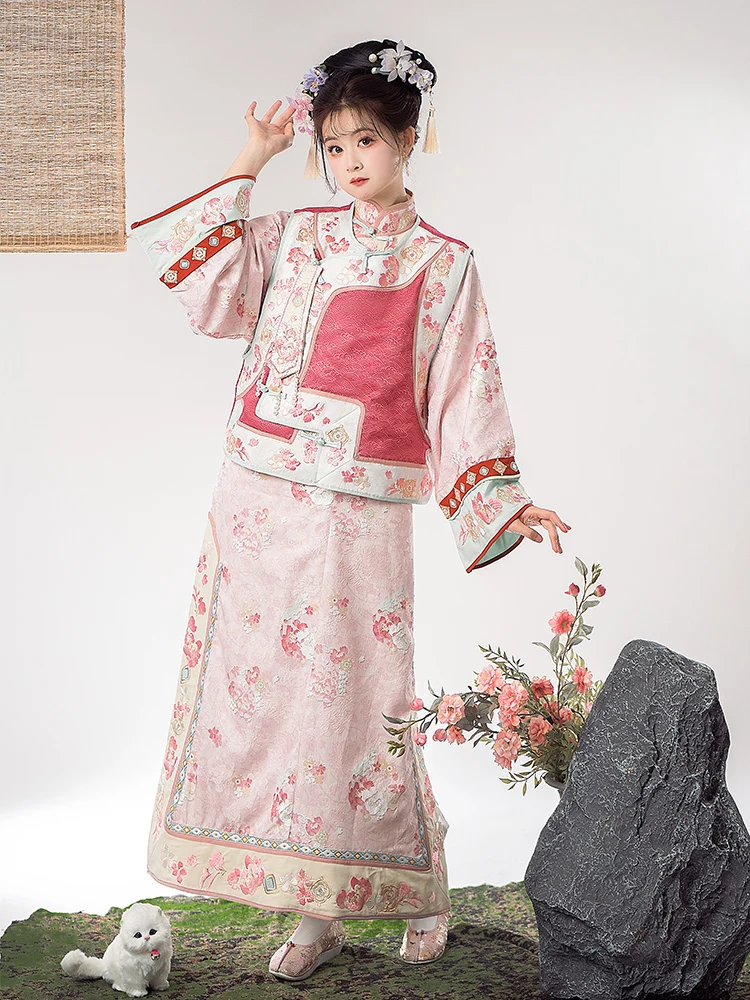 

Traditional Chinese Clothing Improved Qing Dynasty Female Heavy Industry Embroidery Restoration Cheongsam Grid Dress Hanfu Vest