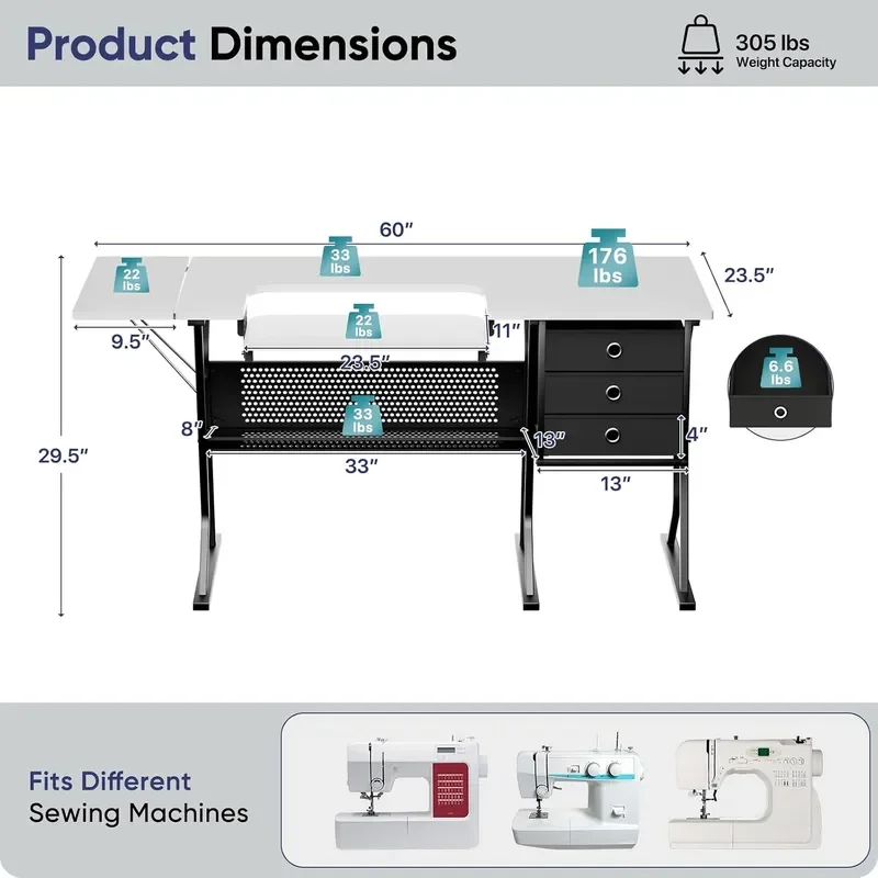 60 Sewing Machine Table with Storage Heavy Duty Sewing Desk with Adjustable Shelf 3 Drawers and Open Grid Shelf Multi Use