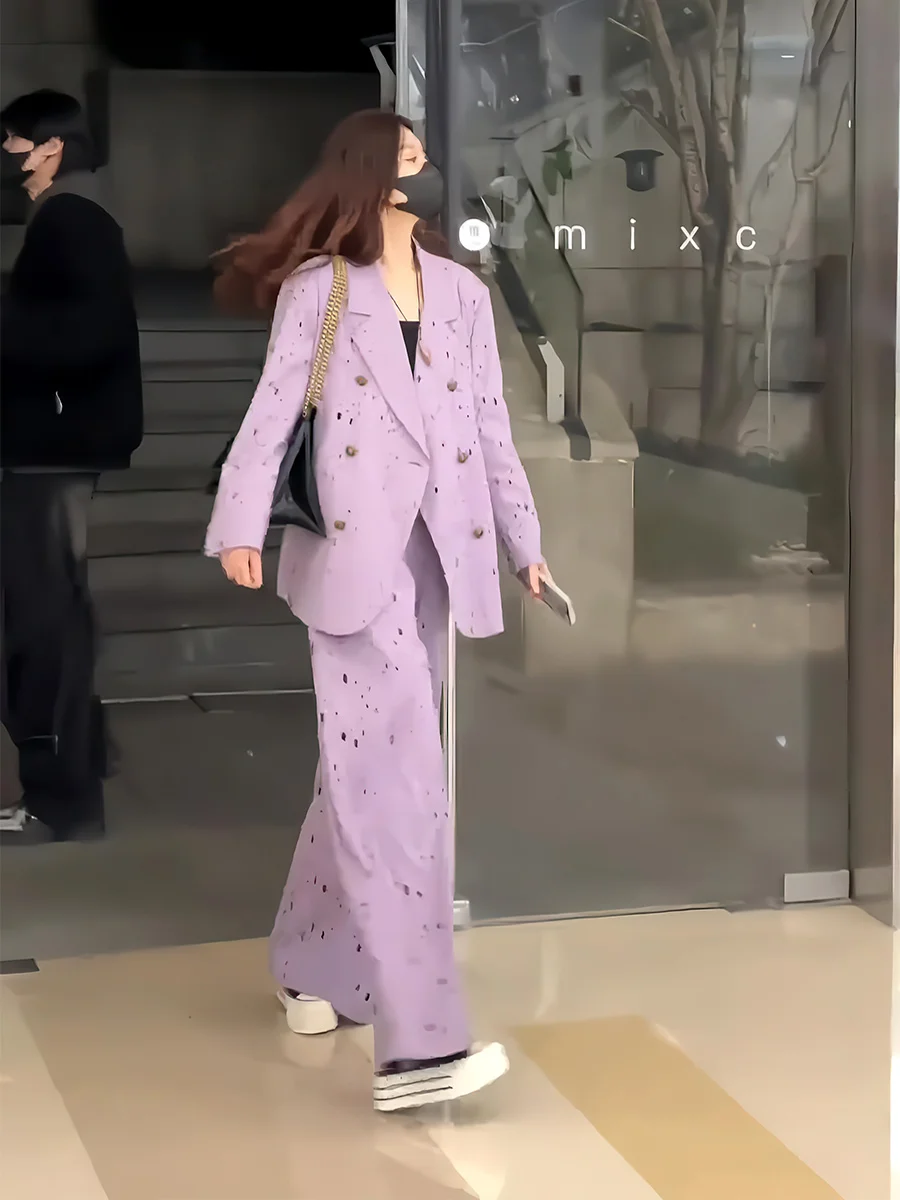 Faionable, pantalones de pierna ancha de cintura alta, traje largo para mujer, conjunto de dos piezas con Jaet de diamante calado, recién llegado de primavera