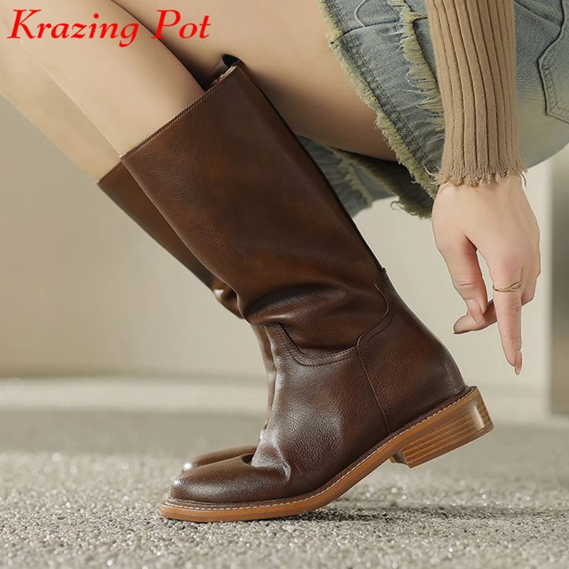 

Krazing Pot 2024 Cow Leather Round Toe Low Heels Equestrian Boots Winter Handsome Gorgeous Street Wear Keep Warm Mid-calf Boots