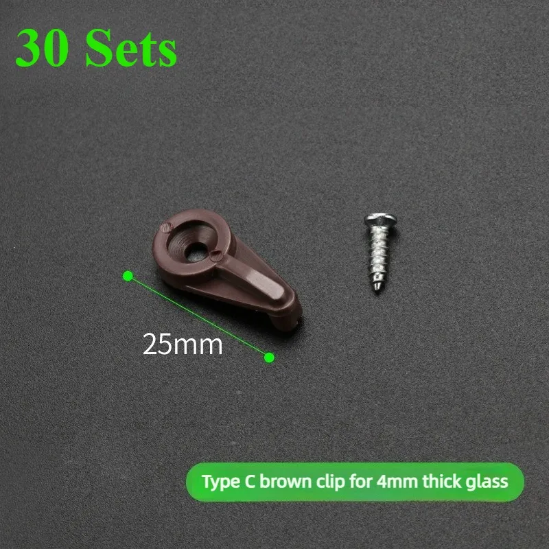 30 Sets Kunststoff-Glasbefestigungsclips, Spiegelhalterclips, Klemmen für Schranktürglasplatten, Spiegelschrank-Regalträger – Detail 11