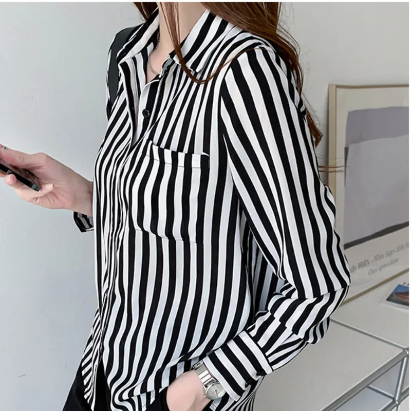 #3248 Office Shirts Women Black And White Striped Shirt Long Sleeve Slim Fit Chiffon Womens Tops And Blouses Pockets Elegant