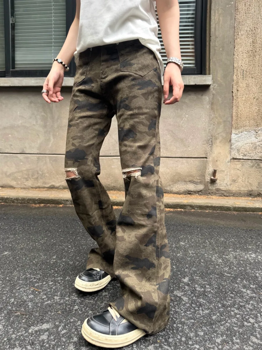 Calças Jeans Americanas Retrô Camufladas Rasgadas Unissex Estilo Slimming de Verão com Perna Reta