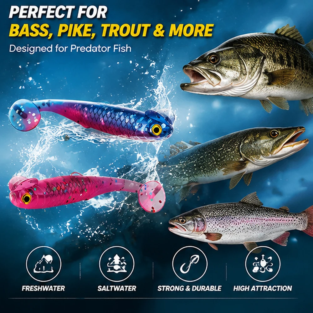 10PCS PVC Soft Bait Fishing Lure 6cm 1.3g Lifelike Swimbait T Tail Worm Lure 3D Eyes Artificial Baits Bass Trout Predator Fish