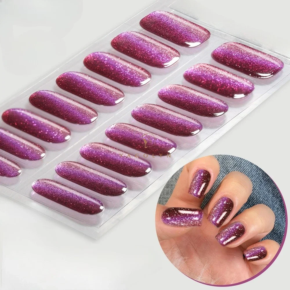 

16Tips Gold Lines Semi-Cured Gel Nail Sticker Glitter Sequin Long-Lasting Nail Polish Strips Full Cover Gel Nail Art Stickers