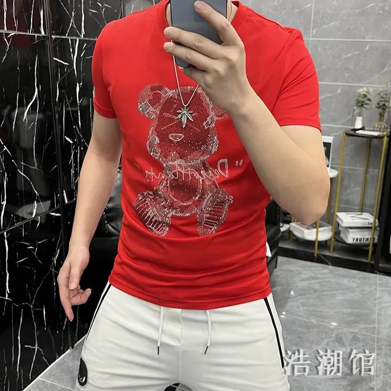 New Summer Luxury Brand Casual Tees for Men O-Neckline Short Sleeve Trendy Rhinestone Teddy Bear Design Men\'s Oversize T-shirt