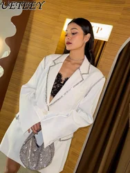 Wykwintne Rhinestone High Class Elegant Street Oversize Suit Jacket Women Spring and Autumn New Loose White Suit Blazer Coat Top