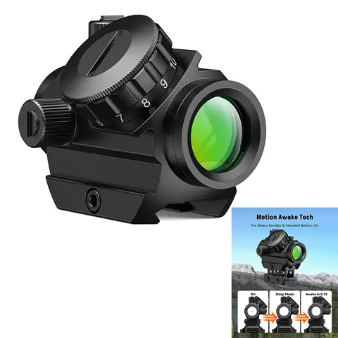 MidTen Motion Awake Green Dot Sight 2 MOA Refle Sights Optics Compact Scope With Lower 1/3 Co-Witness Riser for 21mm Picatinny
