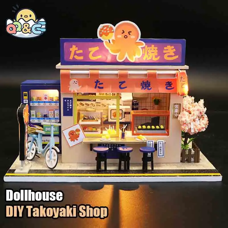 

Diy Hut Creative Crafts Wooden Japanese-Style Assembled Dollhouse Kit Takoyaki Shop Miniature Doll House Toys for Girls