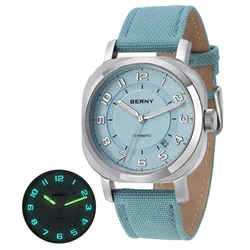 BERNY Mechanisch horloge voor dames Zelfopwindend kussen Kussen Saffier Super lichtgevend polshorloge Canvas kalenderhorloge voor dames