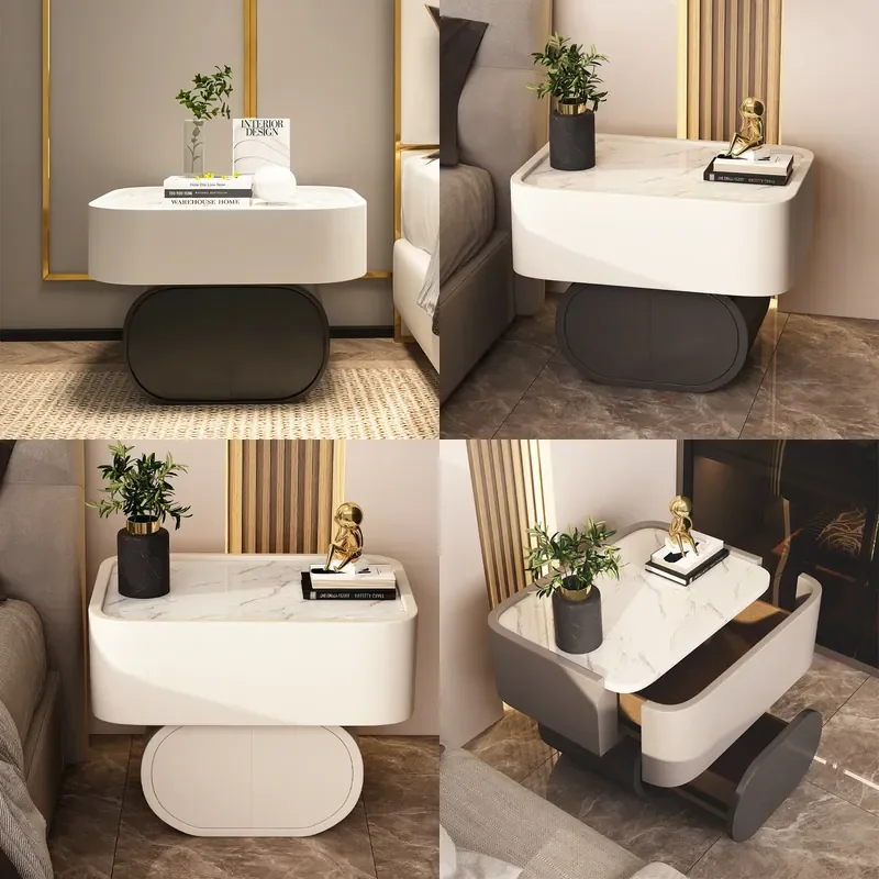 Modern Round Sintered Stone Nightstand No Assembly Minimalist Luxury Bedside Cabinet Small Storage Table for Bedroom Decor