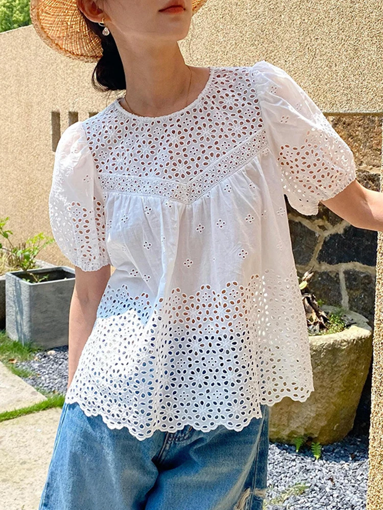 GypsyLady Summer French Chic Blouse Shirt Hollow Out Embroidery Boho Vintage Cotton Sheer Sexy Blouse Ladies Women Casual Tops