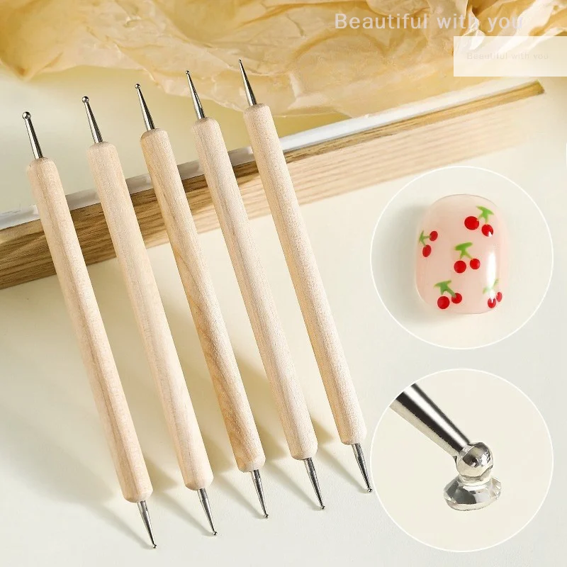 ネイルアート用のクリスタル装飾ハンドル付きドットペン5本、描画やラインストーンの適用に両面使用可能