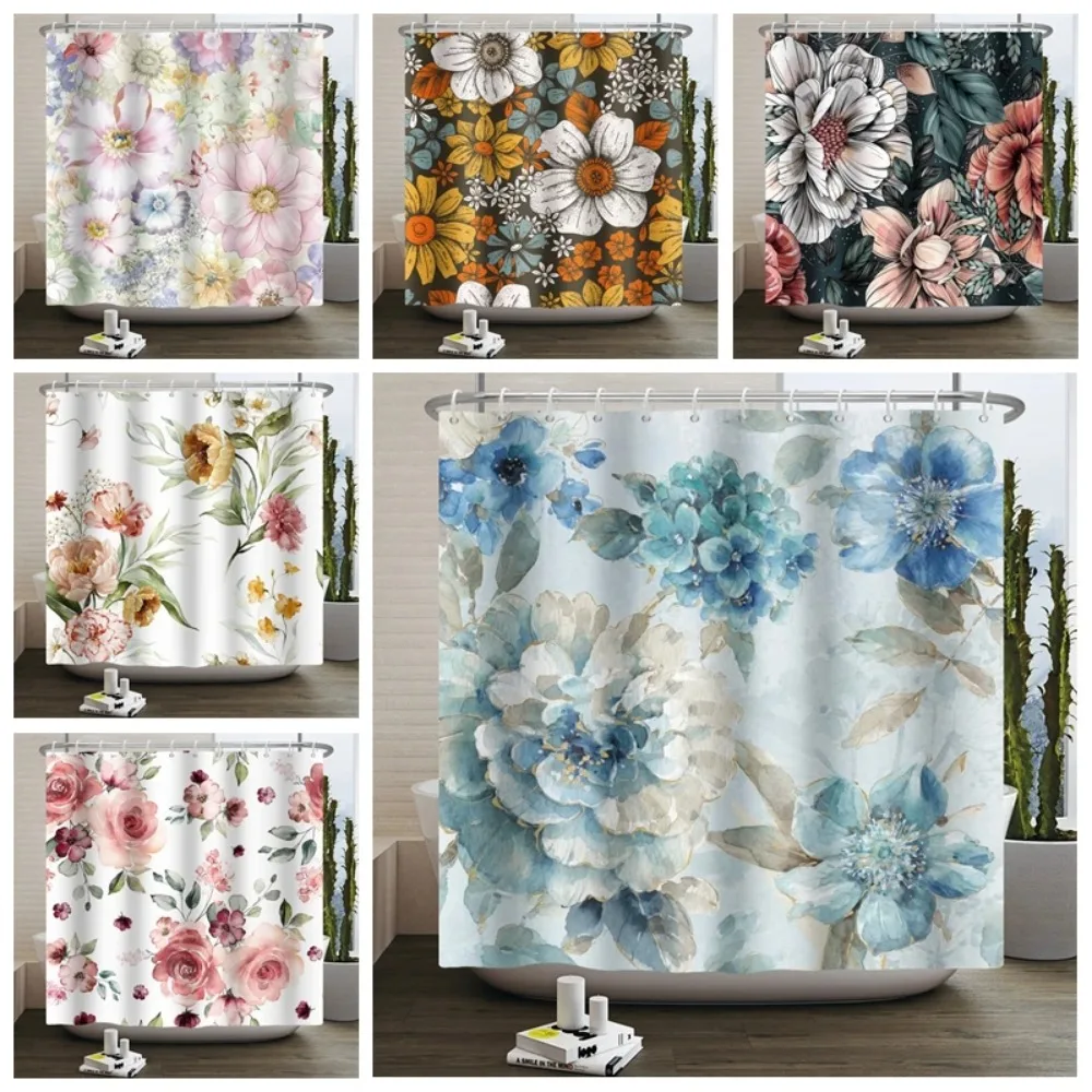 

Floral Shower Curtain Flower Butterfly Waterproof Polyester Bathroom Curtain with Hooks Bathtub Screen