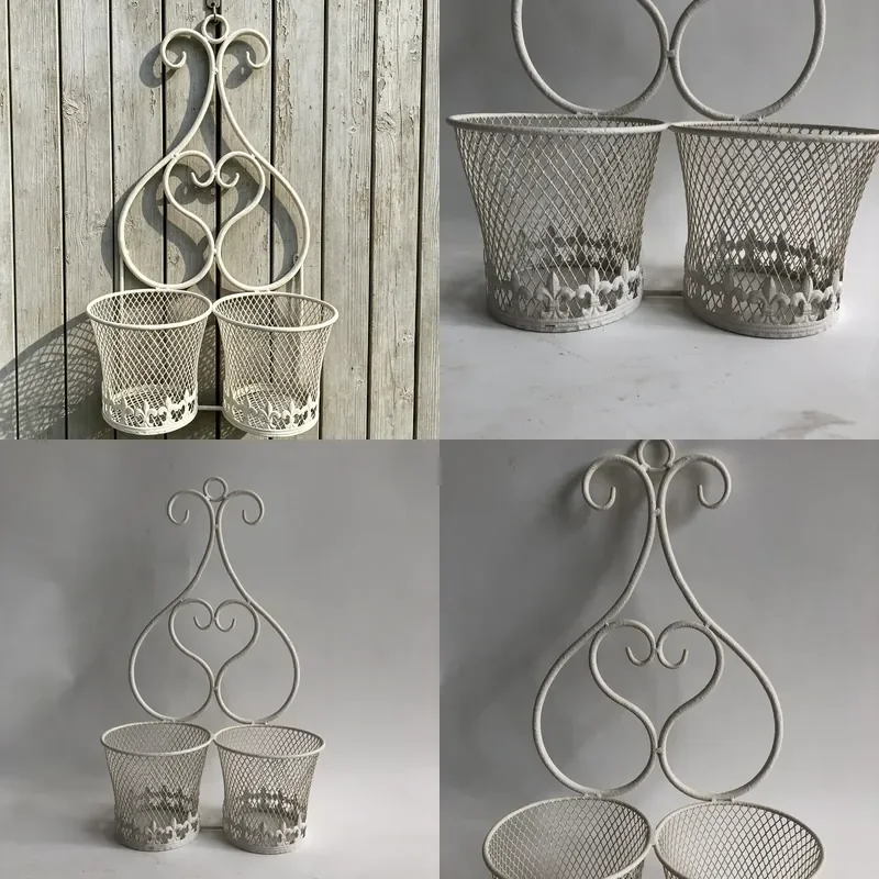 for  Retro Scroll Wall Mounted Flower Pot Basket Imitation Old Metal Double Pot Frame  Garden Wall Plant Display
