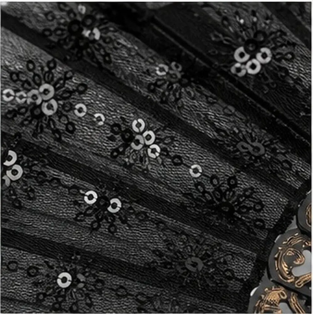 Black Embroidered Sequin Handheld Folding Fan Black Rod Chinese Dance Wedding Favor Decorative Stage Cultural Celebration