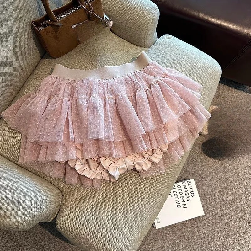 Sweet Pink Tulle Mini Skirt Women Polka Dot Layered Ruffle Hem Elastic Waist Y2K Kawaii Cute Ballet Core Party Skirt Sweet 2026