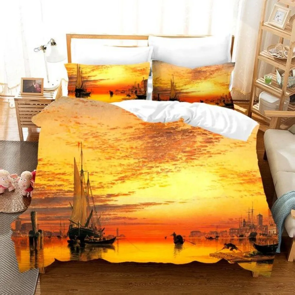 

SailBoat Sea Bedding Set Ocean Sunset Scenery Duvet Cover Pillowcases Twin Full Queen King Size for Kid Adult Gift Bed Linen