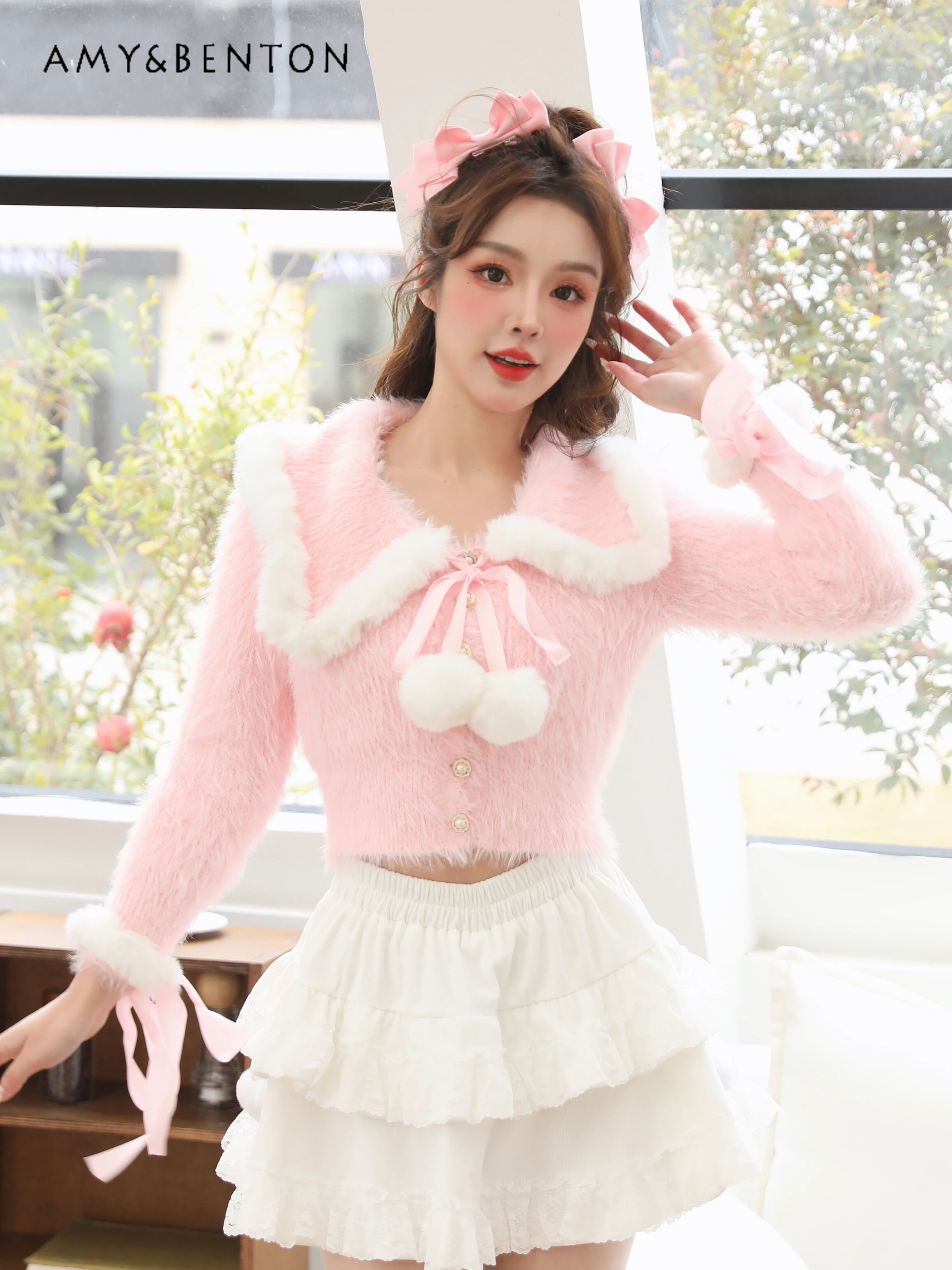 

Preppy Style Sweet Girl Plush Sailor Collar Bowknot Fur Ball Slim Mohair Cardigan Women Sweater Hot Girl Y2K Cropped Cardigan