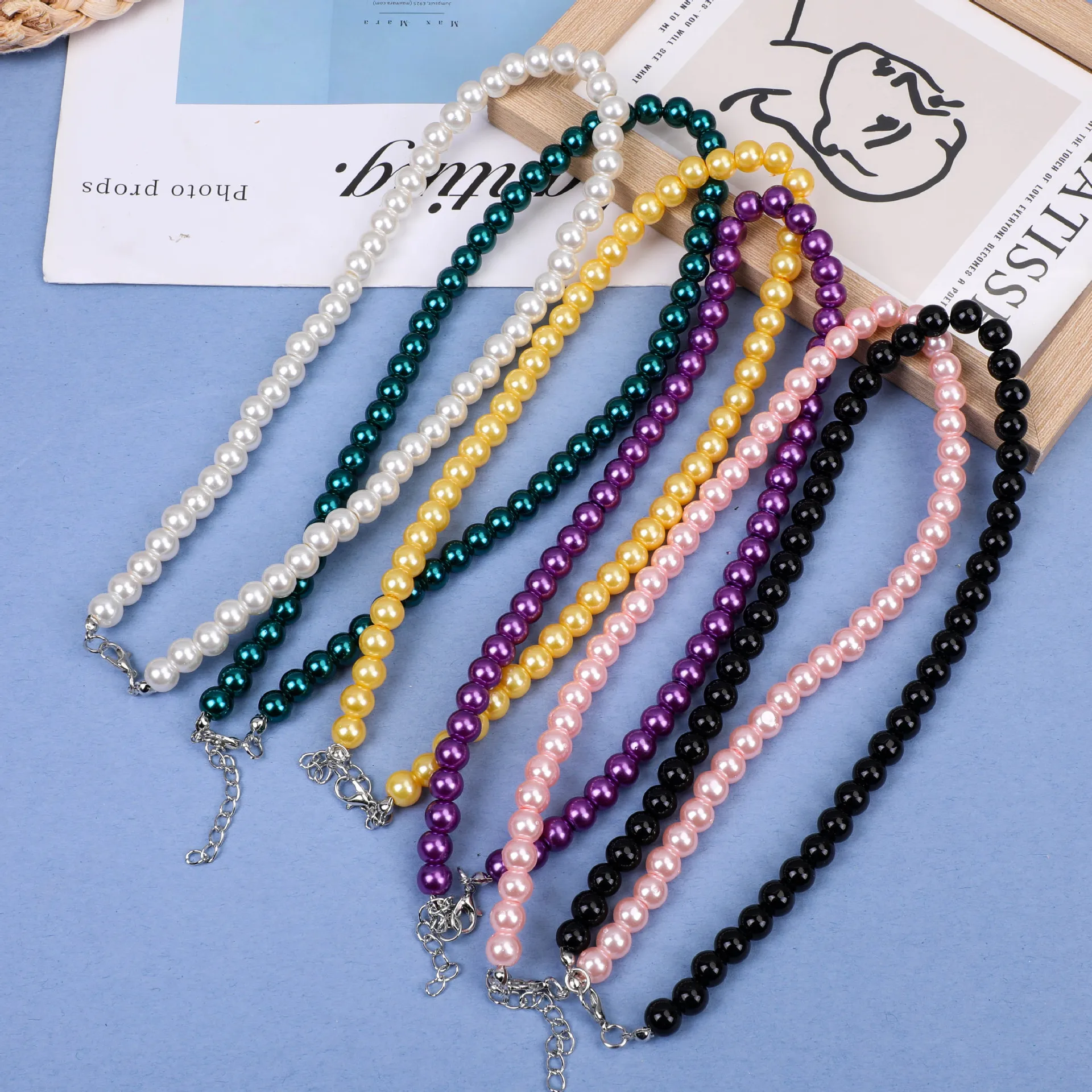 Pearl clavicle necklace for women — handmade geometric pendant in round shape, elegant color palette including white green yello