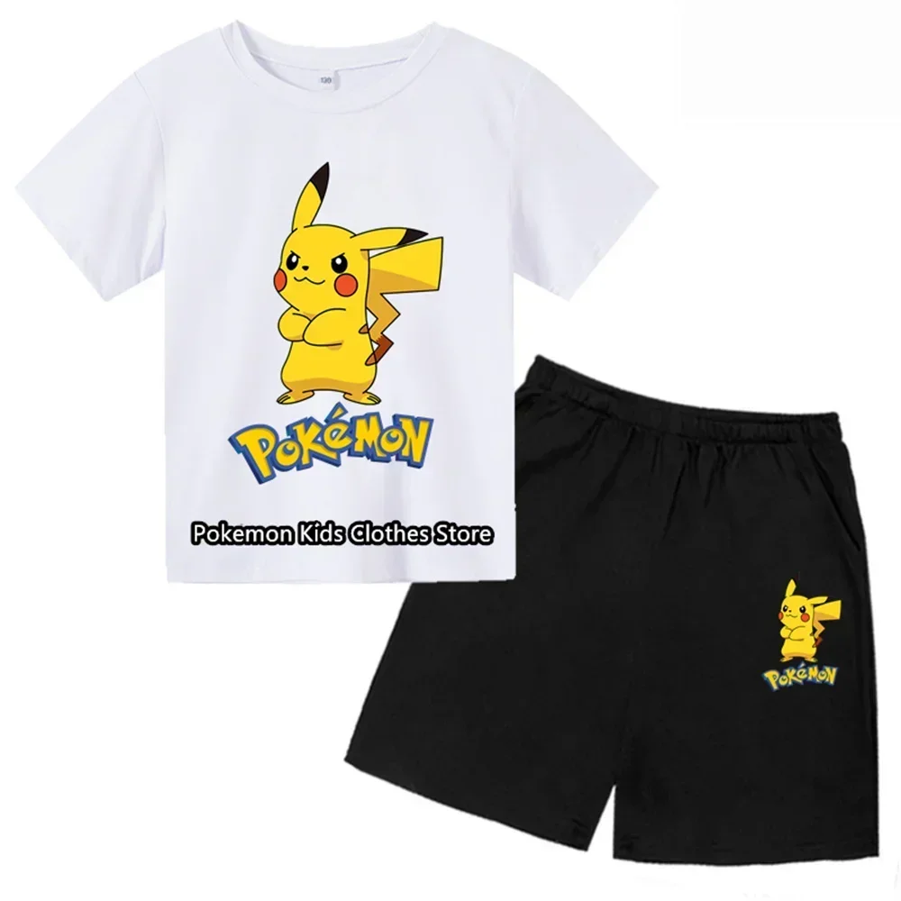 Summer T-shirt Short Set Casual Wear 3-12 Years Old Kids' Pokemon Pikachu Kids' T-Shirt Boys Tops Children's Sets