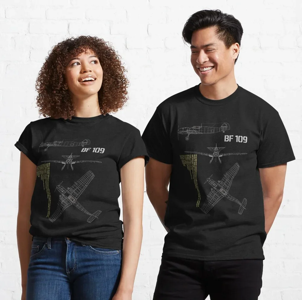 

WWII German Air Force Bf 109 Fighter Data Blueprint T Shirt. 100% Cotton Short Sleeve O-Neck Casual T-shirts Size S-3XL