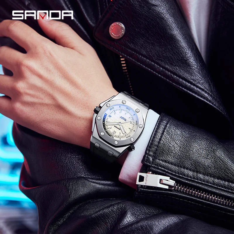 Royal Fashion Casual Men Watches Big Dial black Silicone Calendar Quartz Wristwatch Classic Top Brand SANDA Male Clock