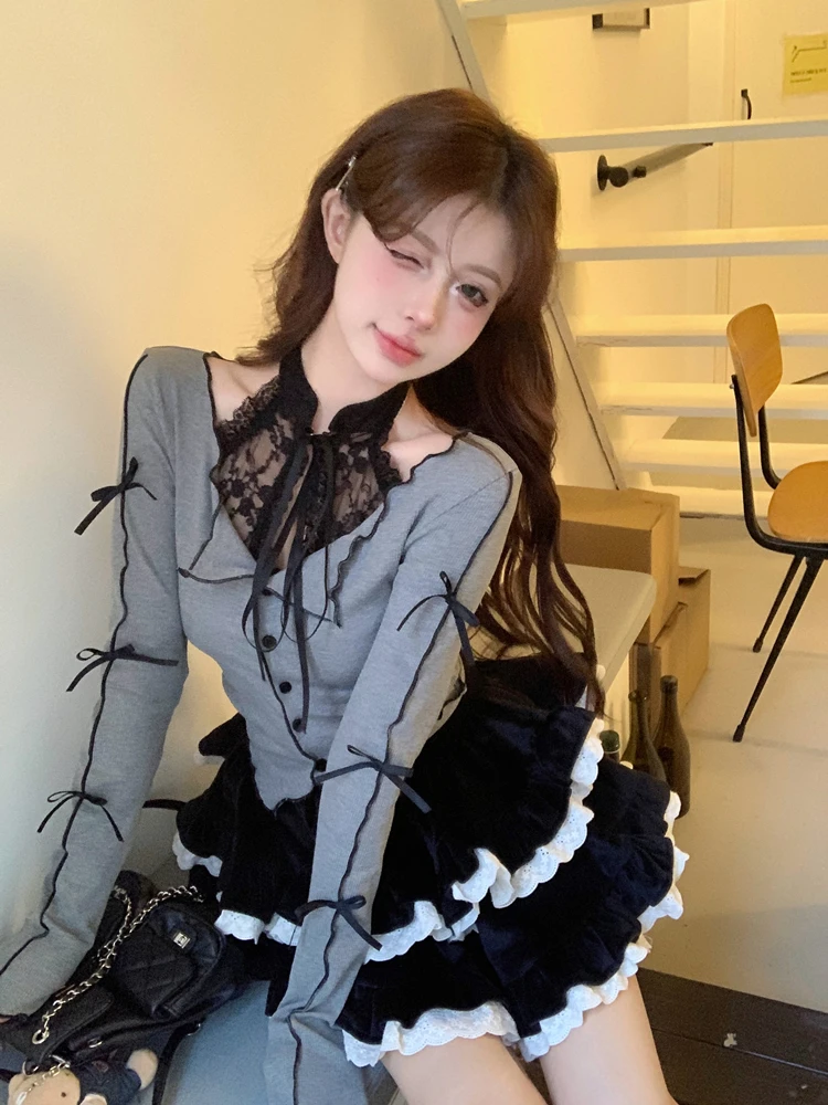 Japanische kawaii süße 2 Stück Sets Frauen y2k Slash Neck Tops Kuchen Minirock weibliche koreanische Mode Lolita Vintage elegante Sets