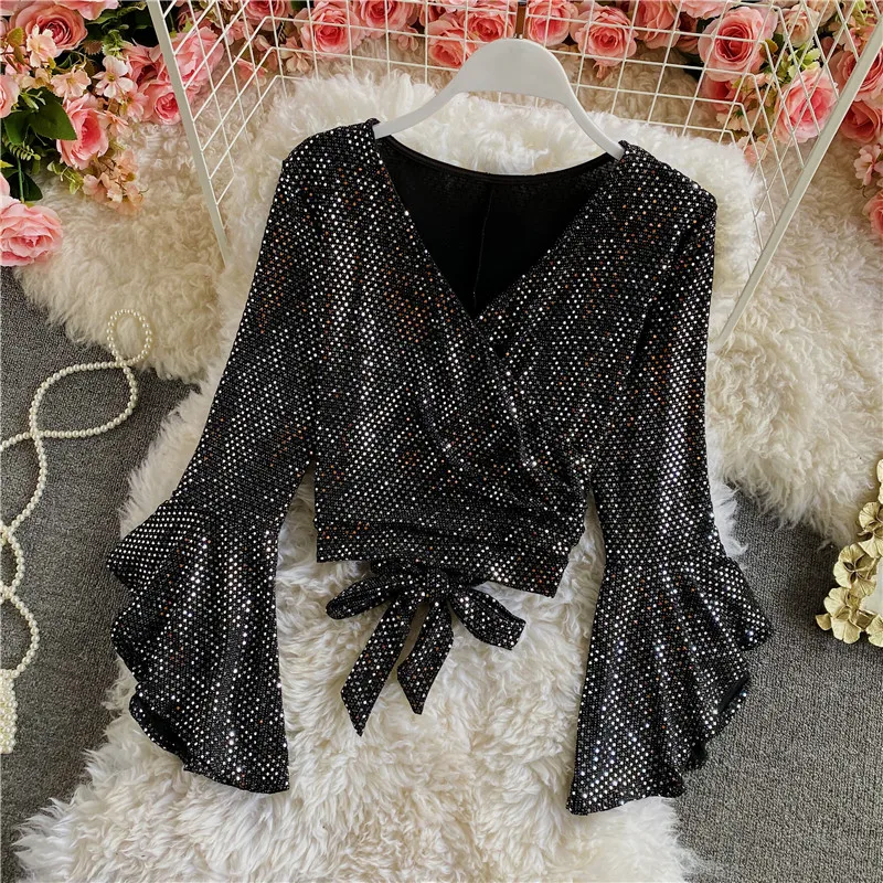 Elegant Sexy Glitter Sequin Ruffle Sleeve Blouse Vintage Criss-cross Lace-up Gothic Fashion Crop Top Women Chic Spring T Shirt