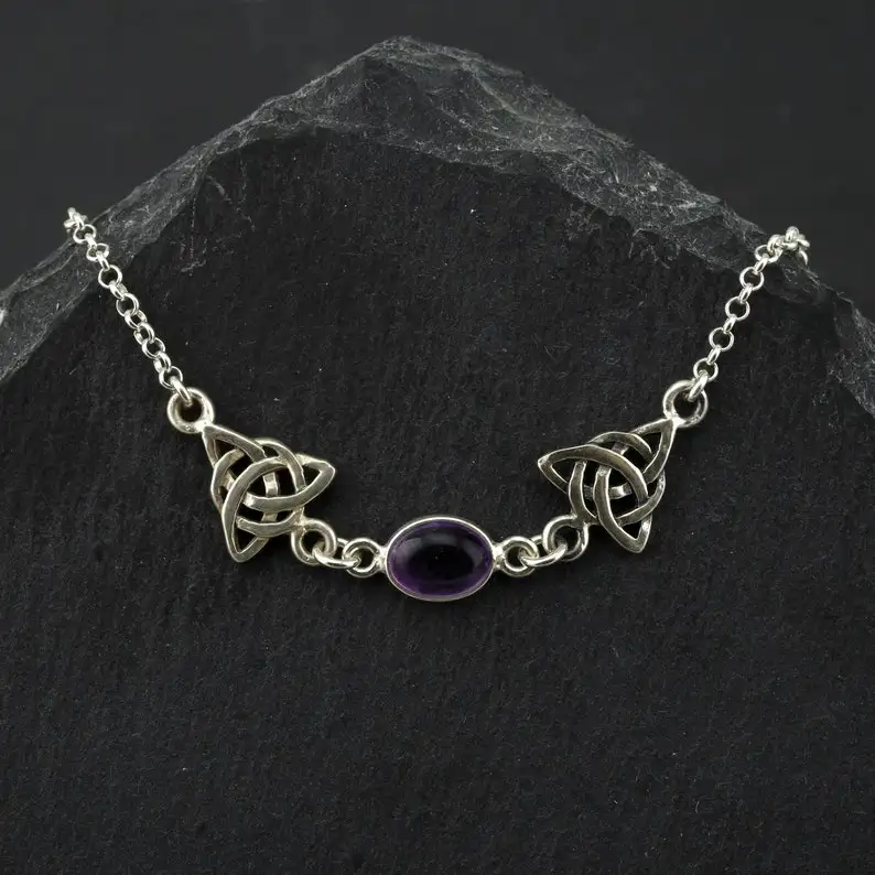 Amethyst Bracelet Celtic Trinity Knot Sterling Silver February Birthstone Jewelry Bride Gift. Pagan Bracelet Witch Jewelry