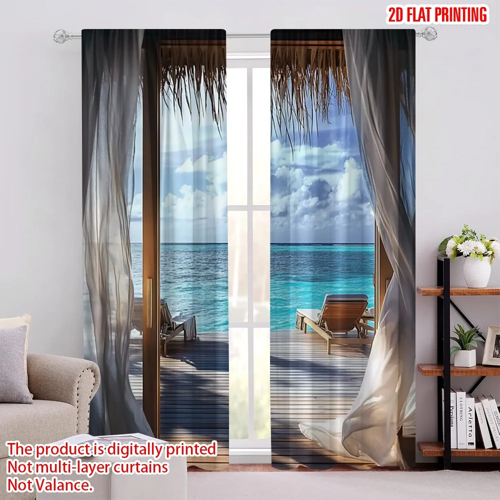 

2Pcs 2D Flat PrintingCoastal Curtain Romantic Wooden Bungalow On The Water Deckchairs Maldives Beach Summer Relax Suitable For